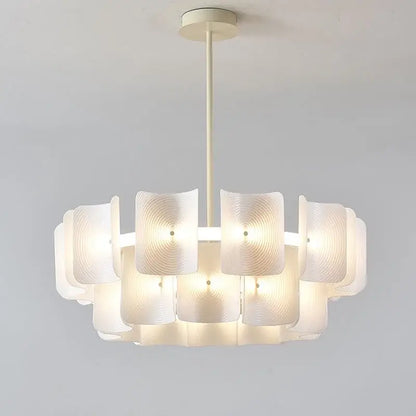 Off-white wabi sabi pendant light with layered translucent glass panels and painted iron finish for dining room