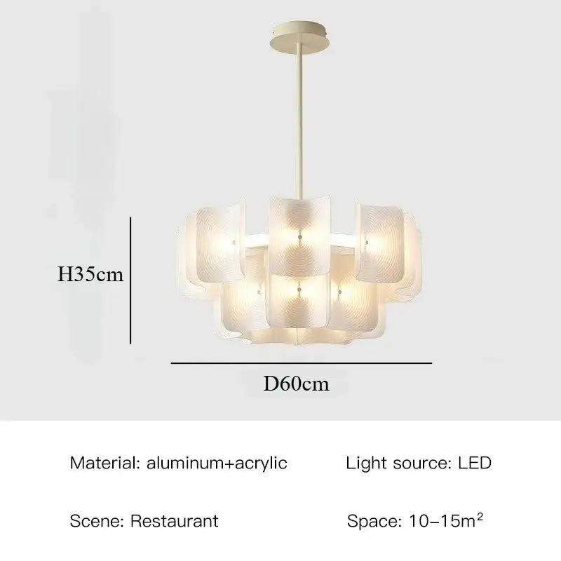 Modern off-white pendant light with layered petal-like acrylic shades and painted iron finish for dining room use