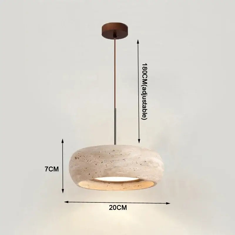 Wabi-sabi off-white stone pendant light with textured concrete shade and dark wood ceiling mount for dining room