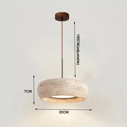 Wabi-sabi off-white stone pendant light with textured concrete shade and dark wood ceiling mount for dining room