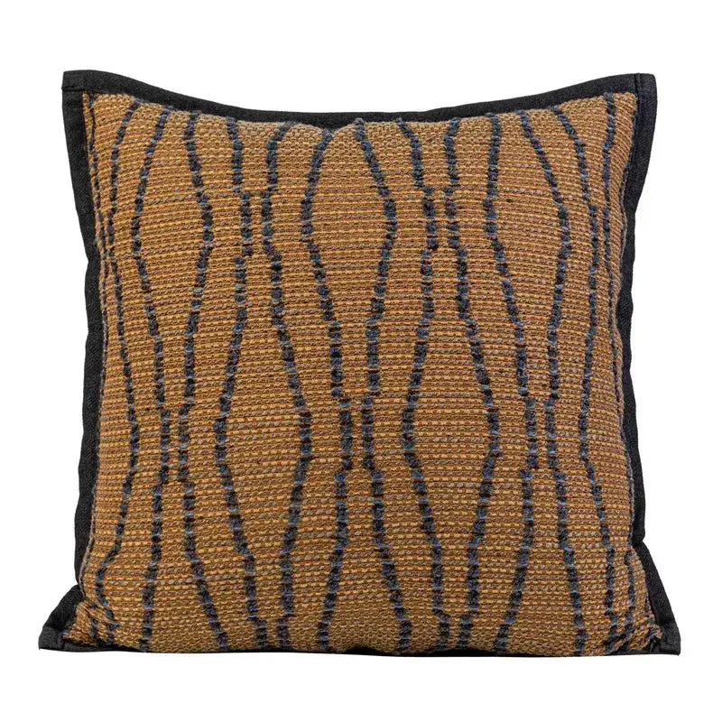 Wabi sabi tan and dark gray woven throw pillow case with black fabric trim for living room decor