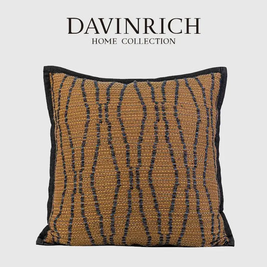 Wabi sabi tan and dark gray woven throw pillow case with textured wavy pattern and black border from davinrich home collection