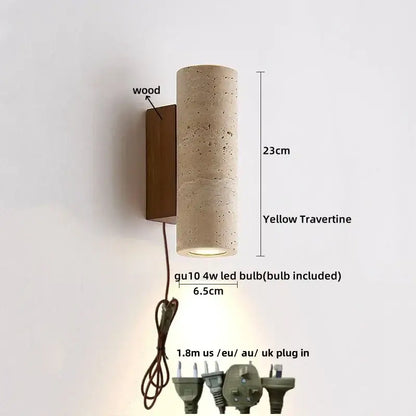 Yellow travertine cylindrical led wall light with wooden backplate for bedroom decorbites led wall lights