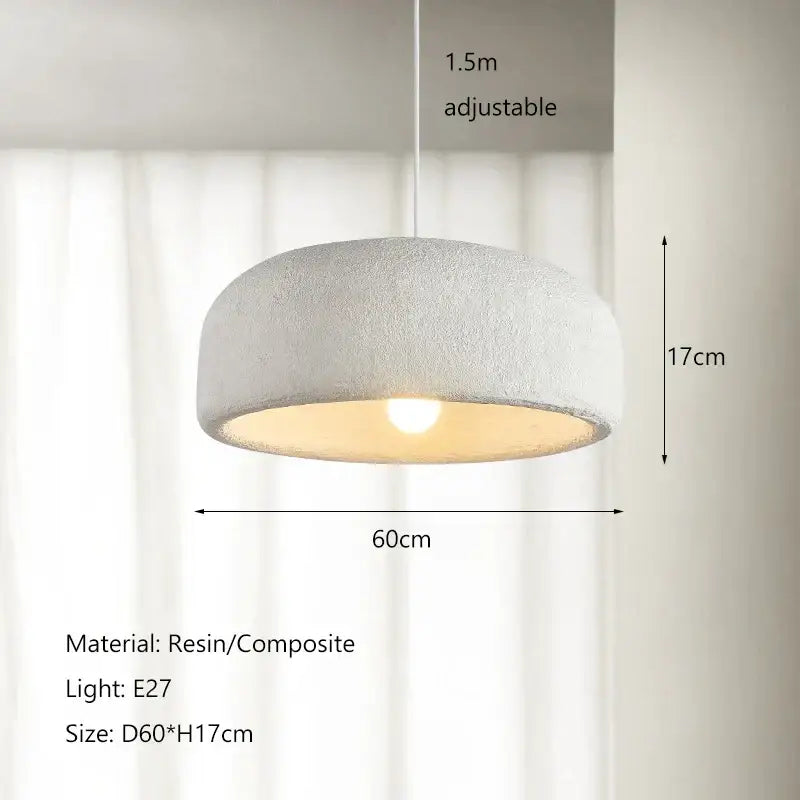 Wabi sabi textured gray resin led pendant light with warm interior glow and adjustable 1.5m hanging length for dining room