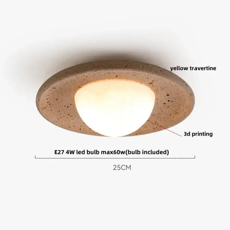 A modern wabi sabi travertine and wood acrylic led ceiling lamp with warm yellow oval frame and frosted glass diffuser