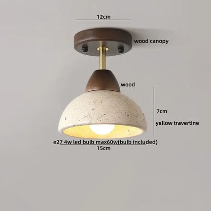 Rustic ceiling lamp with dark wood canopy and textured yellow travertine shade wabi sabi decorbites acrylic led ceiling
