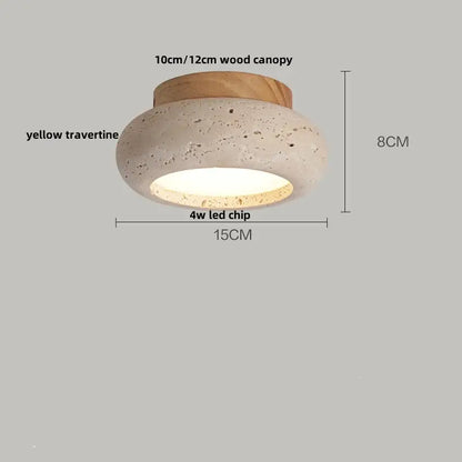 Wabi sabi travertine and wood acrylic led ceiling lamp with yellow travertine body and natural wood canopy ceiling lamp