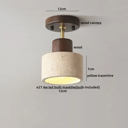 Rustic wabi sabi travertine and wood acrylic led ceiling lamp with dark wood canopy and brass accents for bedroom decorbites acrylic led ceiling