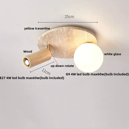 A wabi sabi travertine and wood acrylic led ceiling lamp with yellow travertine base and white glass globe decorbites acrylic led
