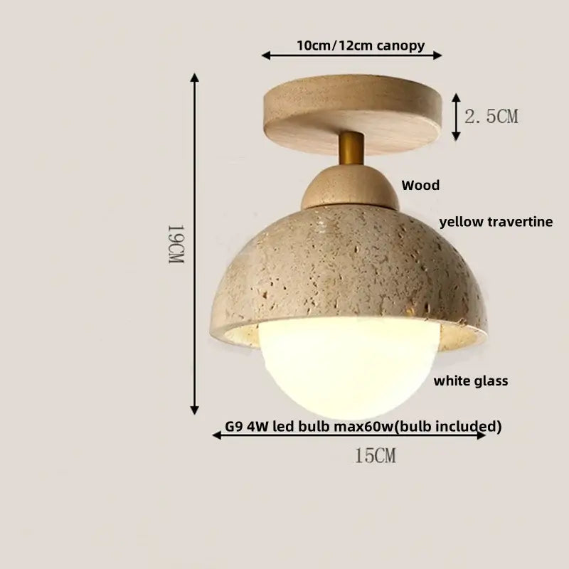 Wabi sabi travertine and wood acrylic led ceiling lamp with yellow travertine dome and white glass shade for bedroom decorbites acrylic led