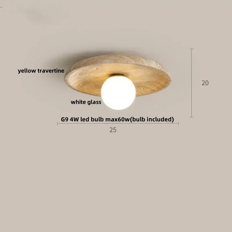 Wabi sabi travertine and wood acrylic led ceiling lamp with circular yellow travertine fixture and g9 4w led bulb