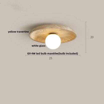Wabi sabi travertine and wood acrylic led ceiling lamp with circular yellow travertine fixture and g9 4w led bulb
