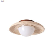 Beige travertine ceiling lamp with white frosted glass globe and dark brown wood canopy by decorbites acrylic led