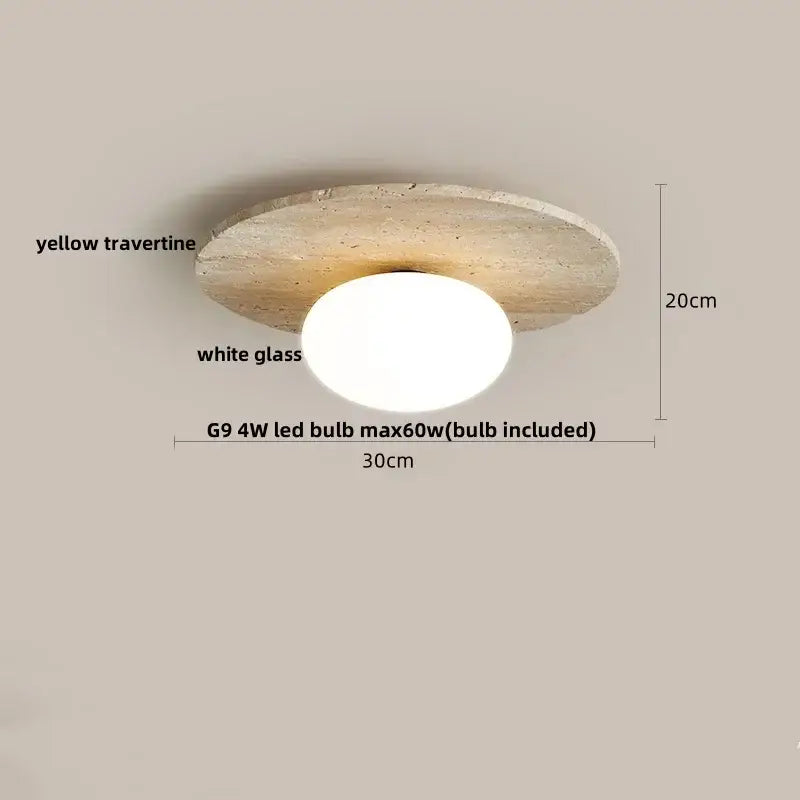 A modern ceiling lamp with a yellow travertine wood canopy and central white glass globe for bedroom decorbites acrylic led