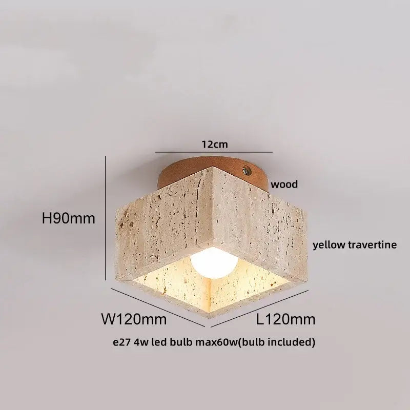 A modern hexagonal ceiling lamp with yellow travertine body wood canopy and integrated decorbites acrylic led bulb