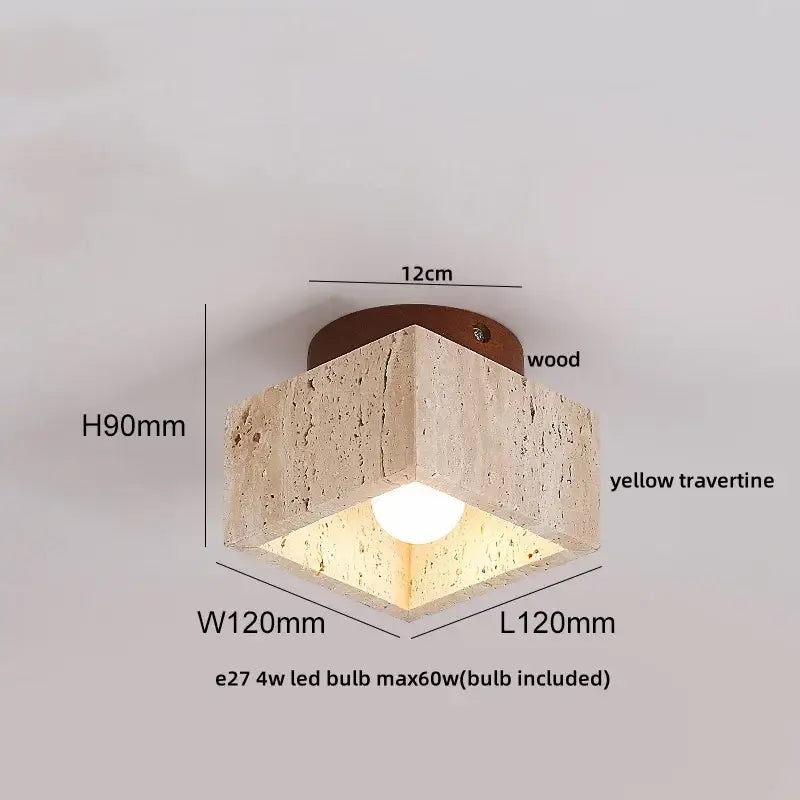 Wabi sabi travertine and wood ceiling lamp with yellow textured travertine body and wood canopy featuring led bulb