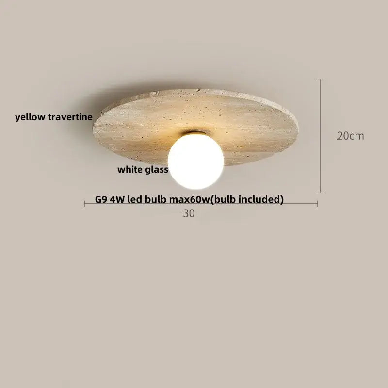 A modern ceiling lamp with a yellow travertine stone disc and white glass globe under a wood canopy decorbites acrylic led design