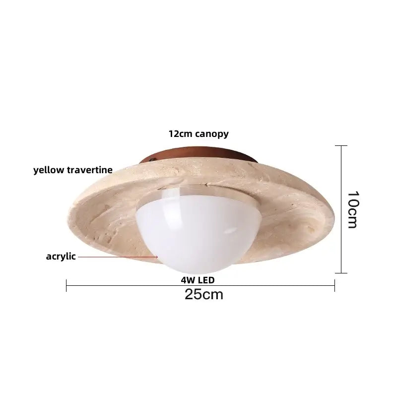 Wabi sabi ceiling lamp with yellow travertine stone wood canopy and decorbites acrylic led glass globe for bedroom decor
