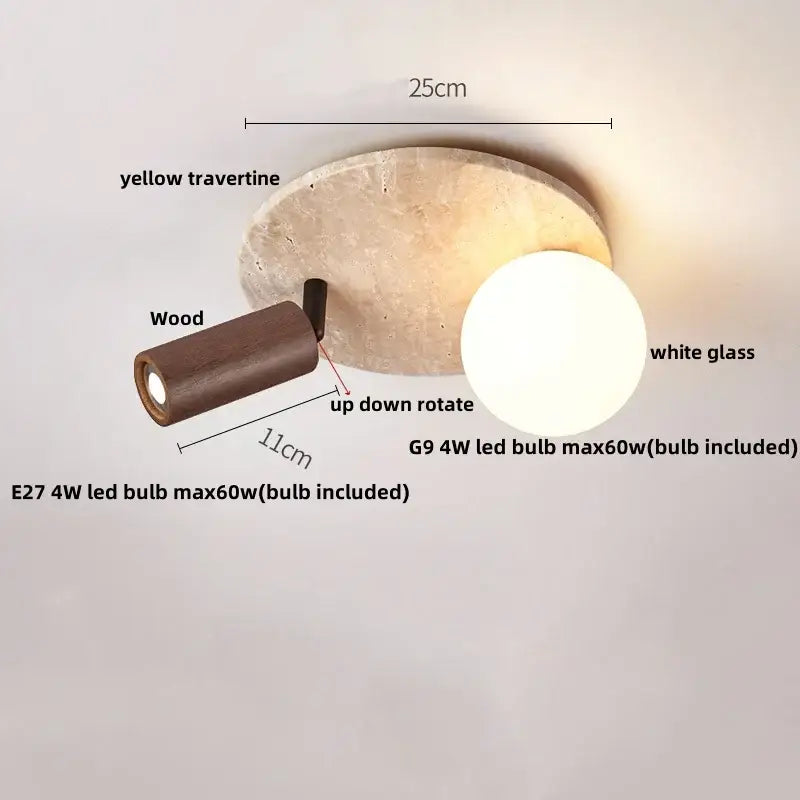 Wabi sabi ceiling lamp with yellow travertine wood canopy and white glass globe ideal for bedroom decorbites acrylic led