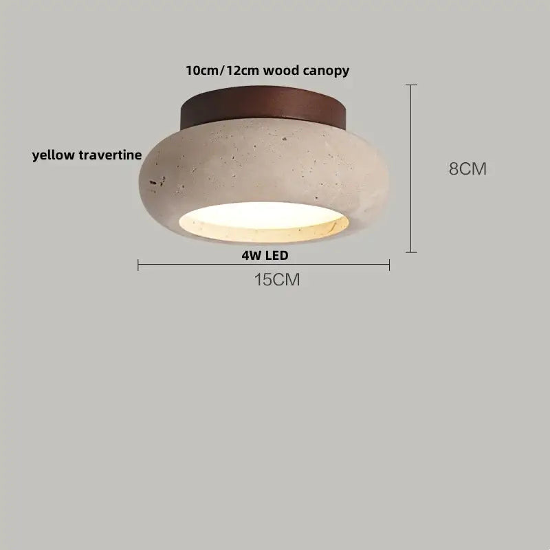 A modern ceiling lamp with a textured yellow travertine body and a dark wood canopy for bedroom decorbites acrylic led use