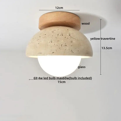 Wabi sabi ceiling lamp with wood canopy, yellow travertine dome shade, and glass bulb housing for bedroom decorbites acrylic led