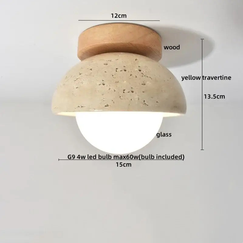 Wabi sabi ceiling lamp with wood canopy, yellow travertine dome shade, and glass bulb housing for bedroom decorbites acrylic led