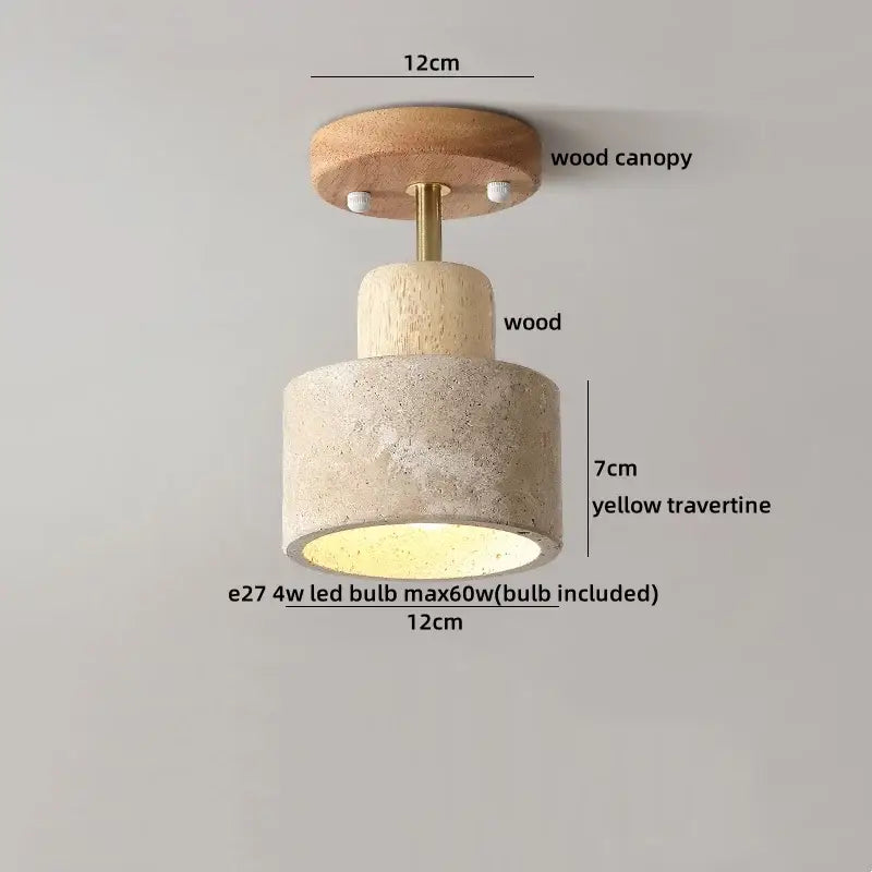 Wabi sabi travertine and wood ceiling lamp with wood canopy and yellow travertine shade for bedroom decorbites acrylic led