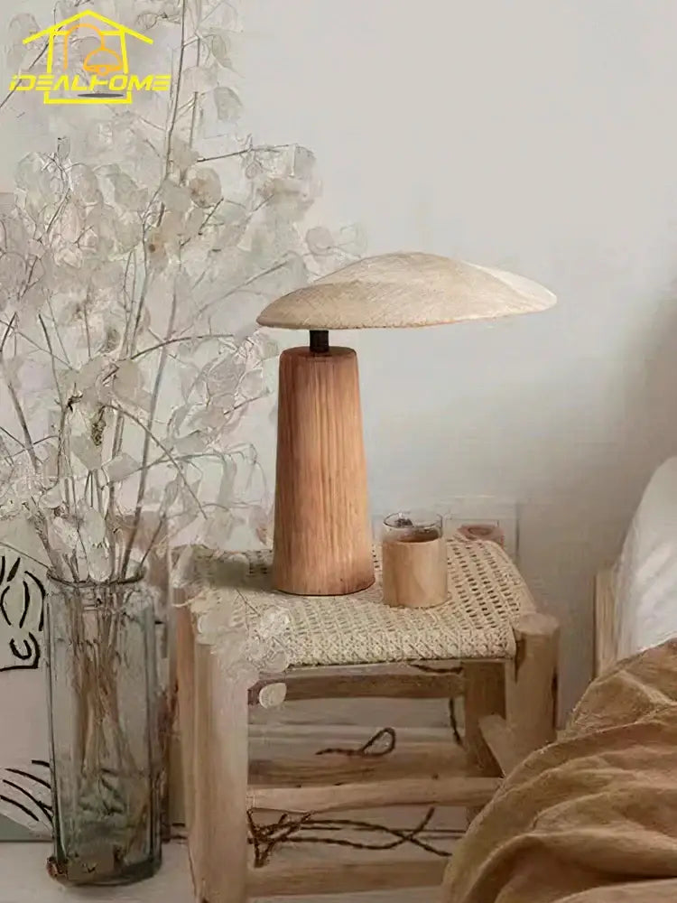Wabi-sabi vintage wooden desk lamp with a light-toned wood base and mushroom-shaped fabric shade for bedroom use