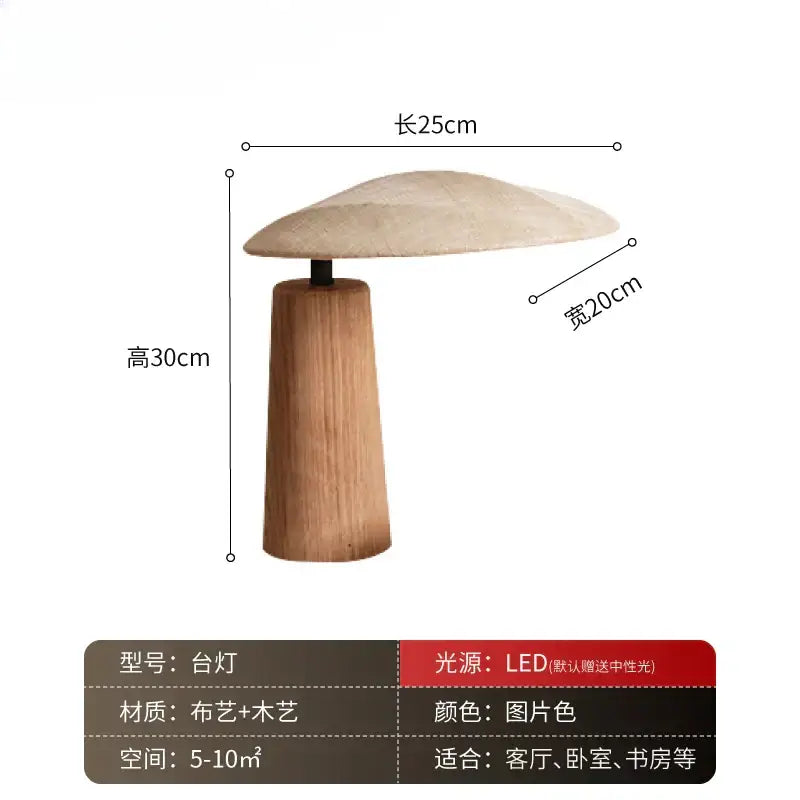 A minimalist vintage wooden desk lamp with natural woven fabric shade and cylindrical base featuring led lighting