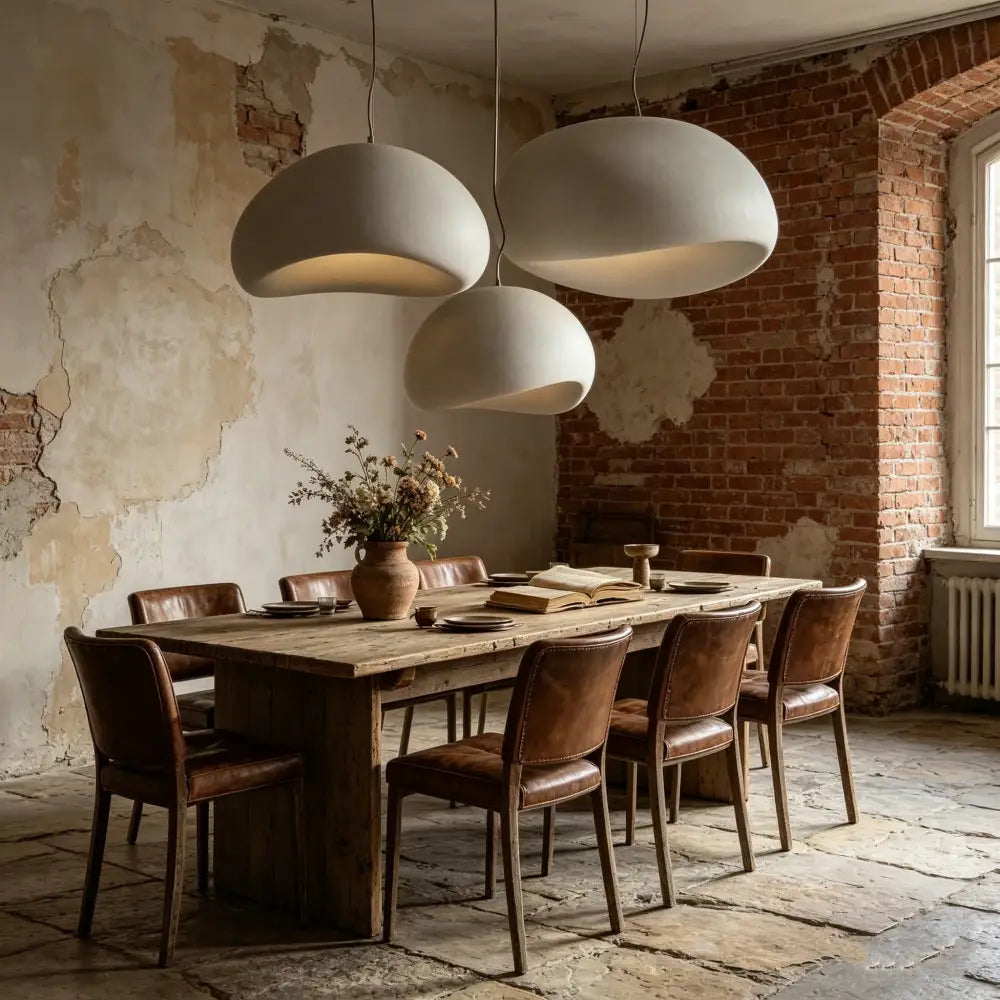 Three white high polymer dome pendant lights hang above a rustic wooden dining table in contemporary interiors