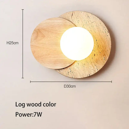 Modern wall lamp with two overlapping natural log wood discs framing a central light for cream style bedroom decorbites