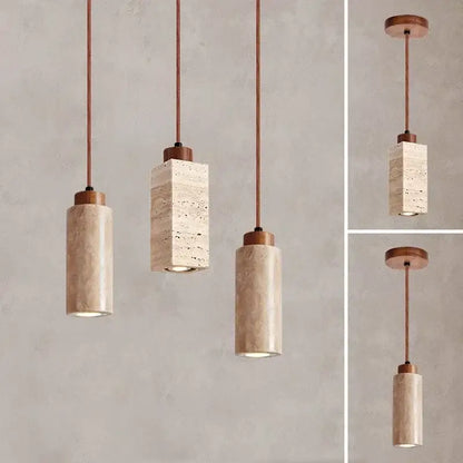 Beige stone pendant light with copper accents featuring yellow marble and brass for modern bedroom decor
