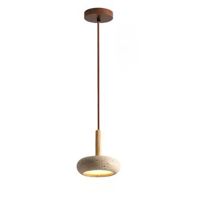 Wabi sabi yellow travertine pendant light with solid wood accents features a concrete shade and warm wooden ceiling mount