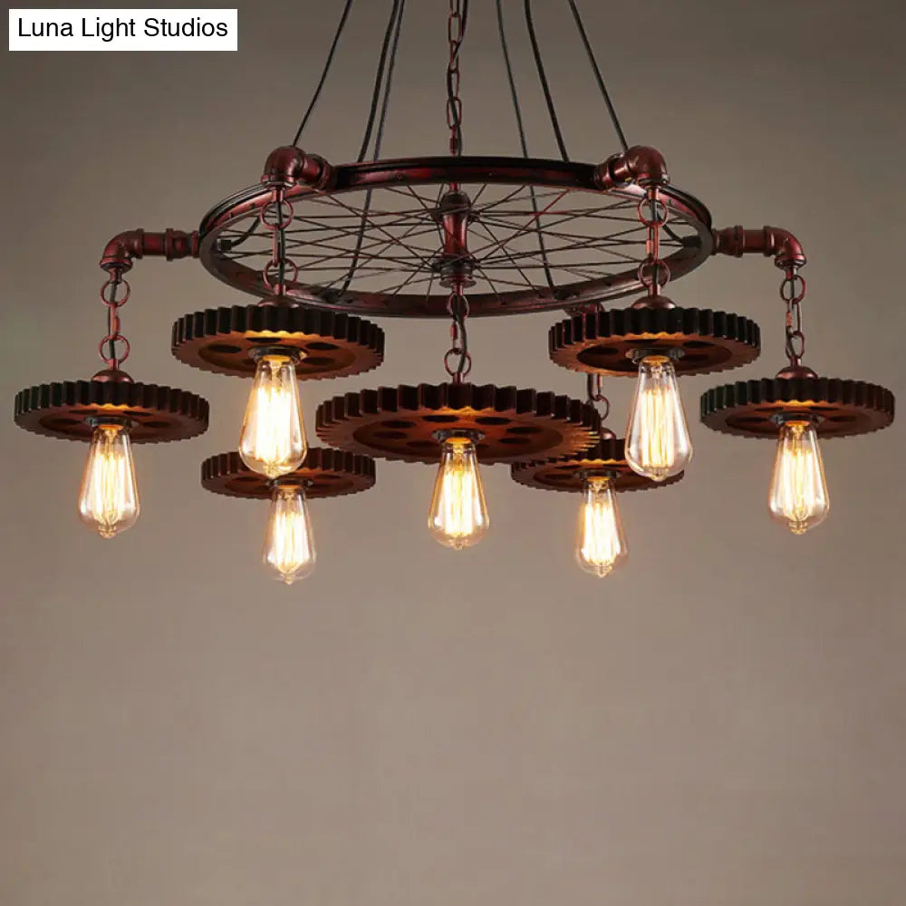 Wagon Wheel Chandelier with Clear Glass Shade in Bronze - Industrial Pendant Lighting