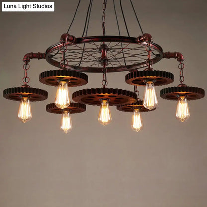 Wagon Wheel Chandelier with Clear Glass Shade in Bronze - Industrial Pendant Lighting
