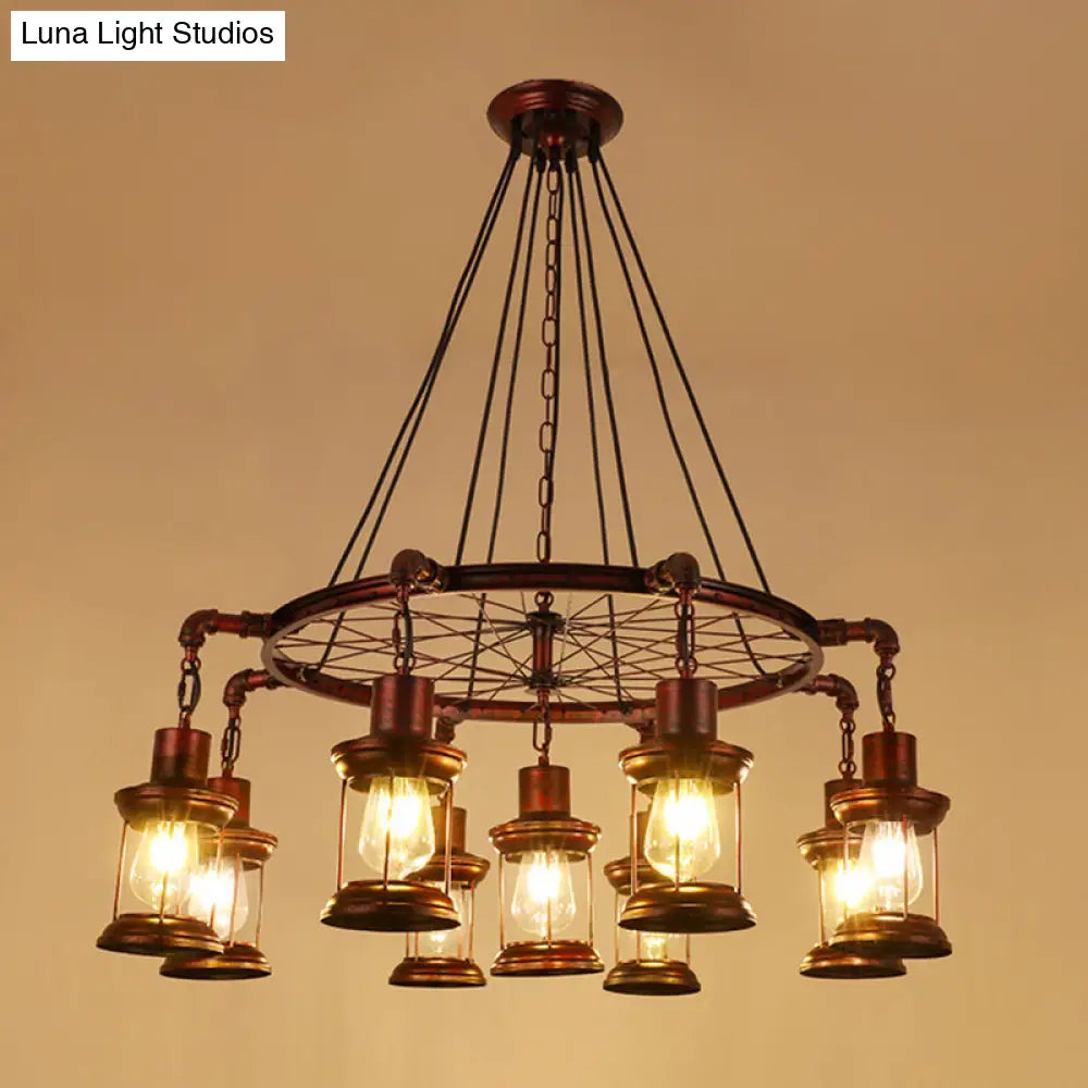Wagon Wheel Chandelier with Clear Glass Shade in Bronze - Industrial Pendant Lighting