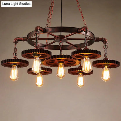 Wagon Wheel Chandelier with Clear Glass Shade in Bronze - Industrial Pendant Lighting