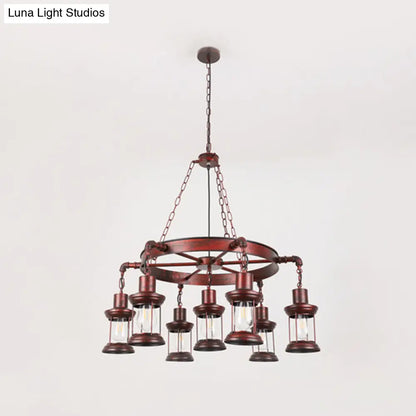 Wagon Wheel Chandelier with Clear Glass Shade in Bronze - Industrial Pendant Lighting