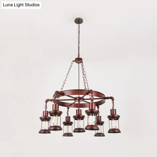 Wagon Wheel Chandelier with Clear Glass Shade in Bronze - Industrial Pendant Lighting
