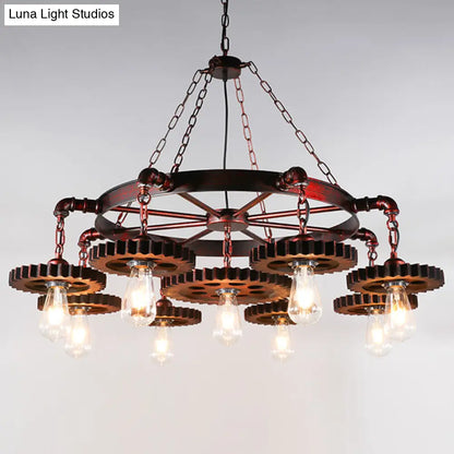 Wagon Wheel Chandelier with Clear Glass Shade in Bronze - Industrial Pendant Lighting
