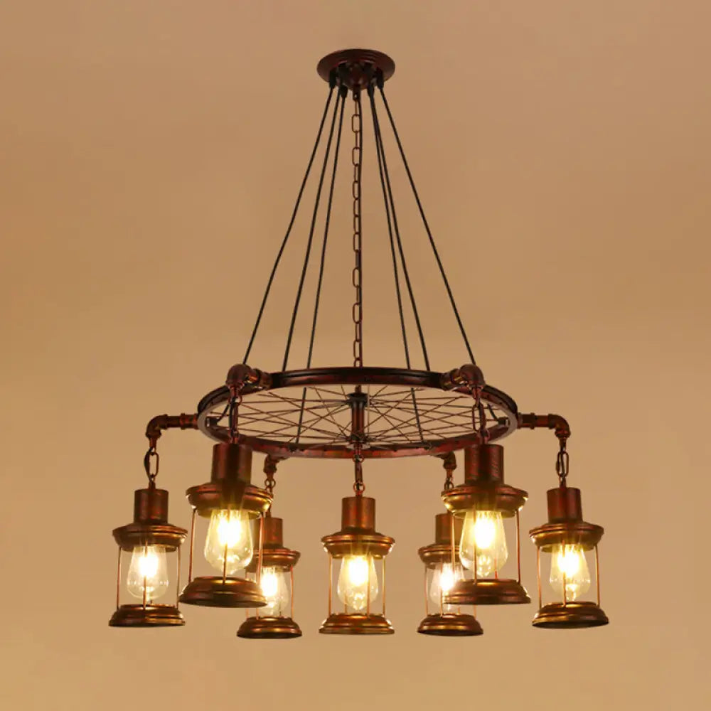 Wagon Wheel Chandelier with Clear Glass Shade in Bronze - Industrial Pendant Lighting