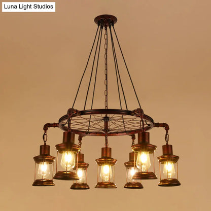 Wagon Wheel Chandelier with Clear Glass Shade in Bronze - Industrial Pendant Lighting