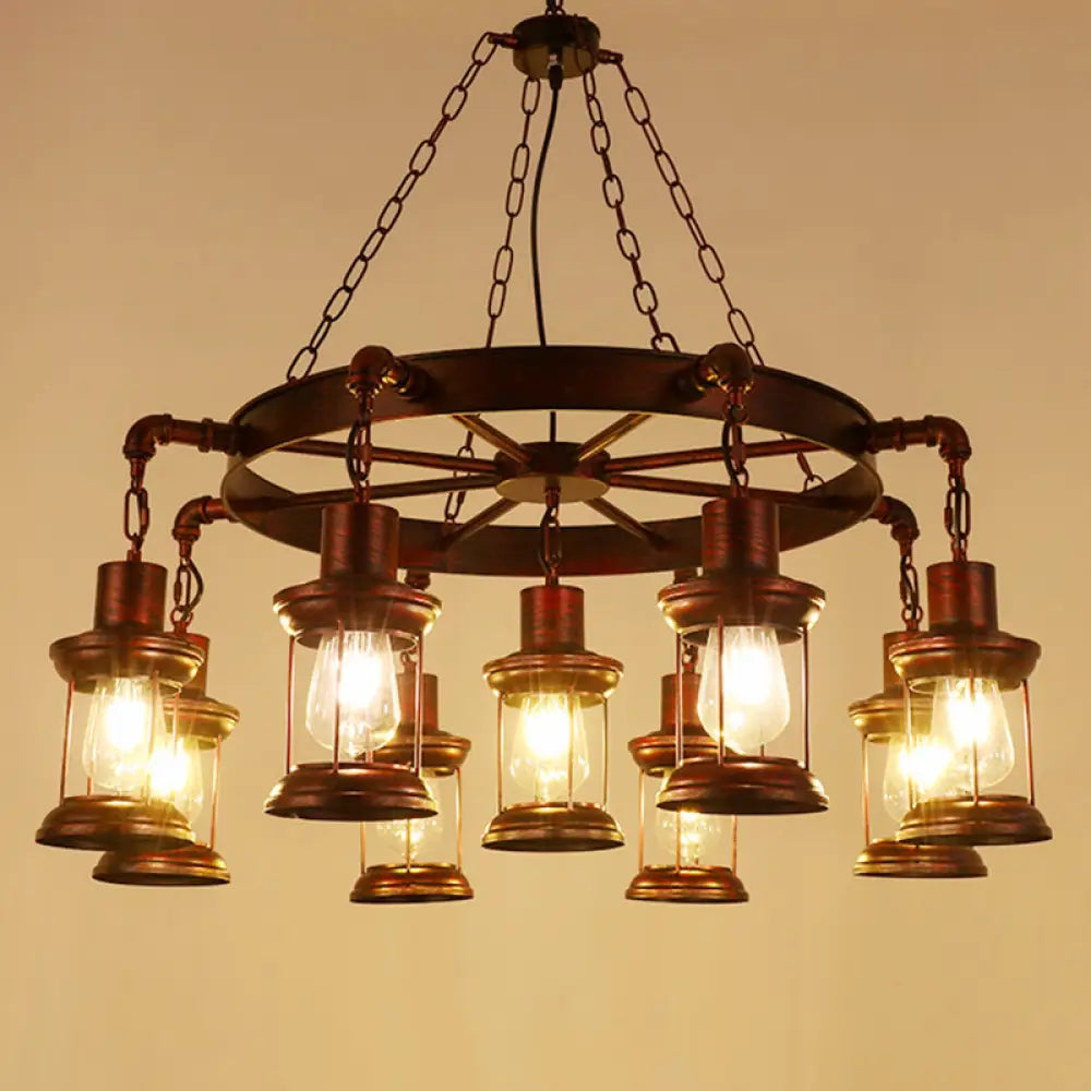 Wagon Wheel Chandelier with Clear Glass Shade in Bronze - Industrial Pendant Lighting