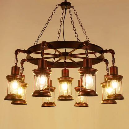Wagon Wheel Chandelier with Clear Glass Shade in Bronze - Industrial Pendant Lighting