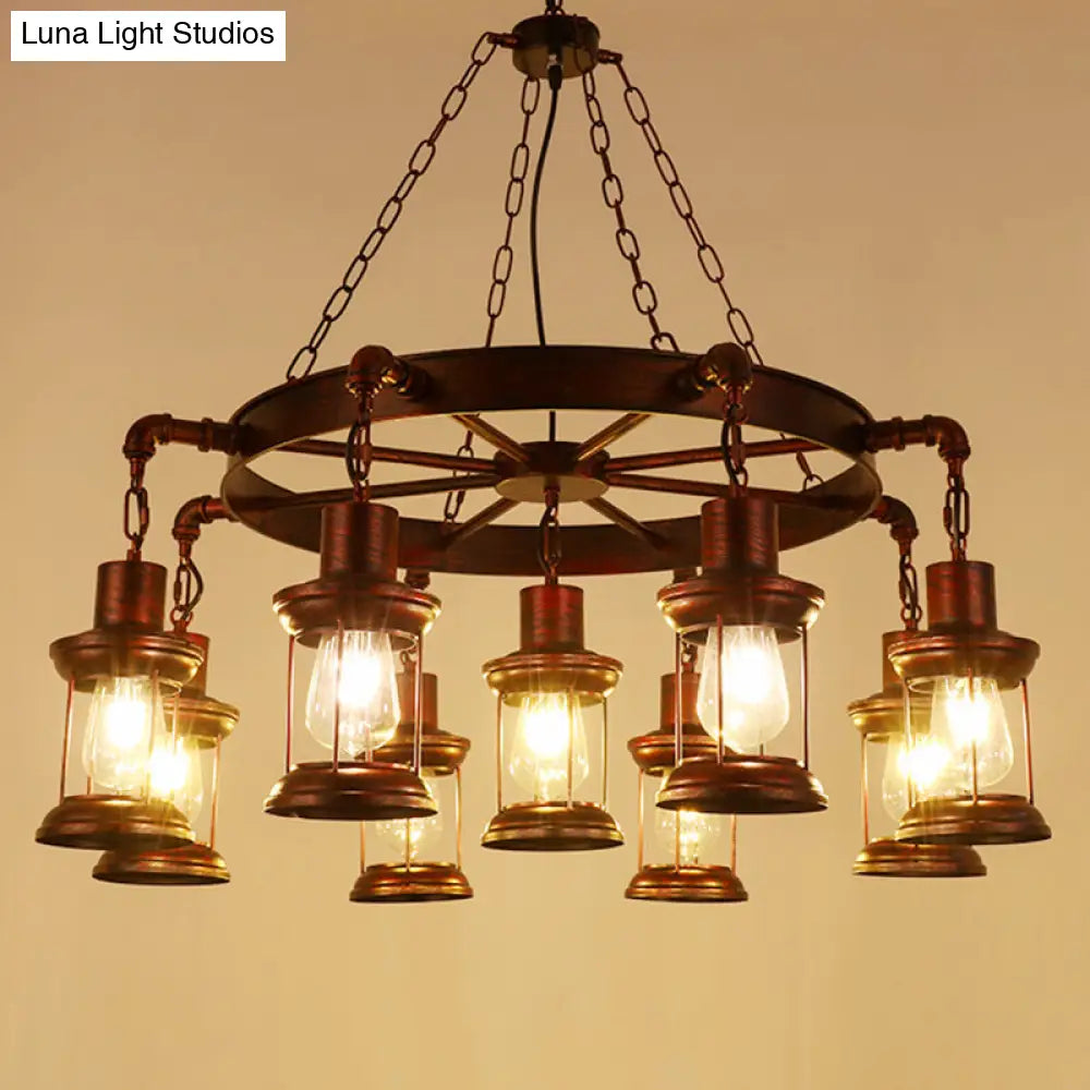 Wagon Wheel Chandelier with Clear Glass Shade in Bronze - Industrial Pendant Lighting