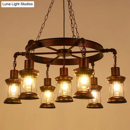 Wagon Wheel Chandelier with Clear Glass Shade in Bronze - Industrial Pendant Lighting