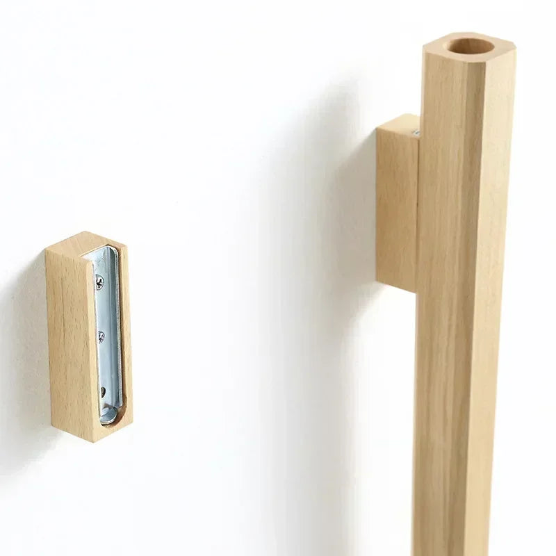 Light oak wooden door handle with matching wall hanging bracket for solid wood bohemian style home decoration