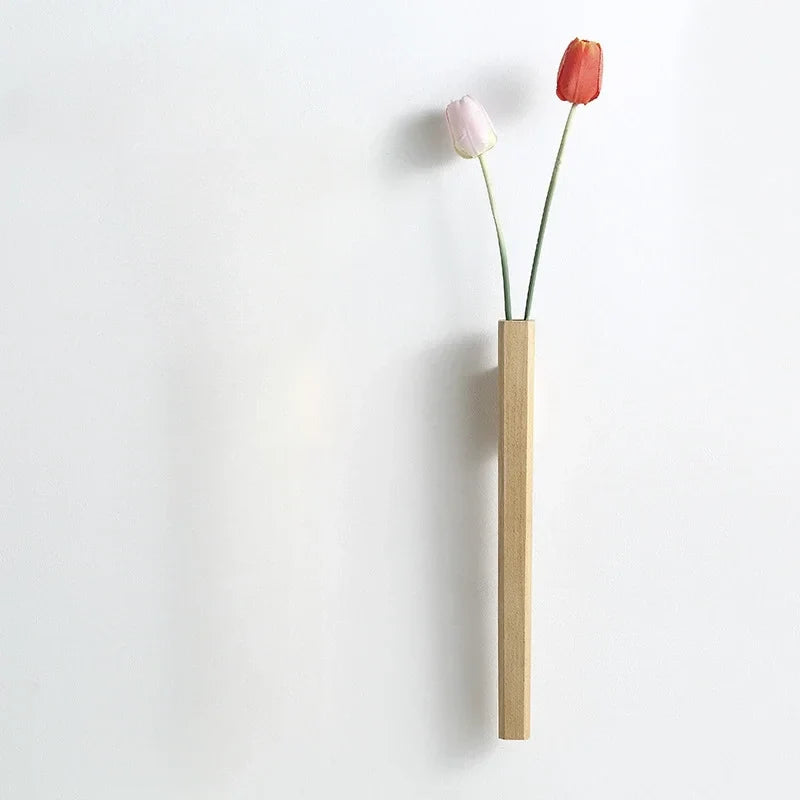 Minimalist solid wood wall hanging vase with pale pink and orange red tulips for bohemian home wall decoration