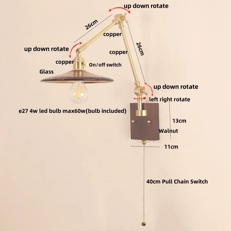 Adjustable copper arm wall sconce with glass shade and walnut base for decorbites cube glass led bedroom mirror light