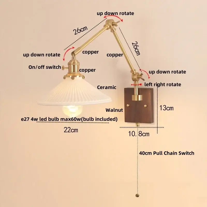 Adjustable copper wall sconce with ribbed ceramic shade and walnut mounting plate for decorbites cube glass led lighting